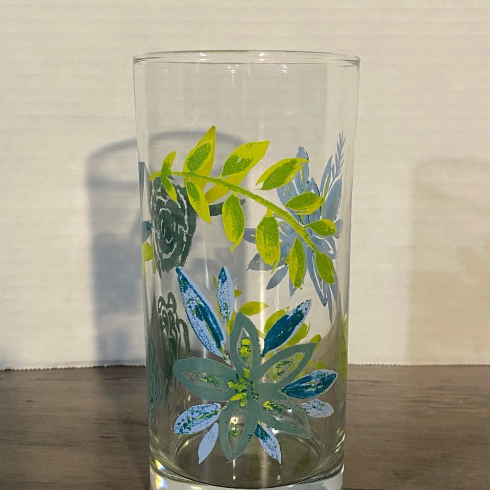 Vintage Mid Century Modern Blue Green Floral Set Of 4 Water Glasses CERA - Picture 4 of 5